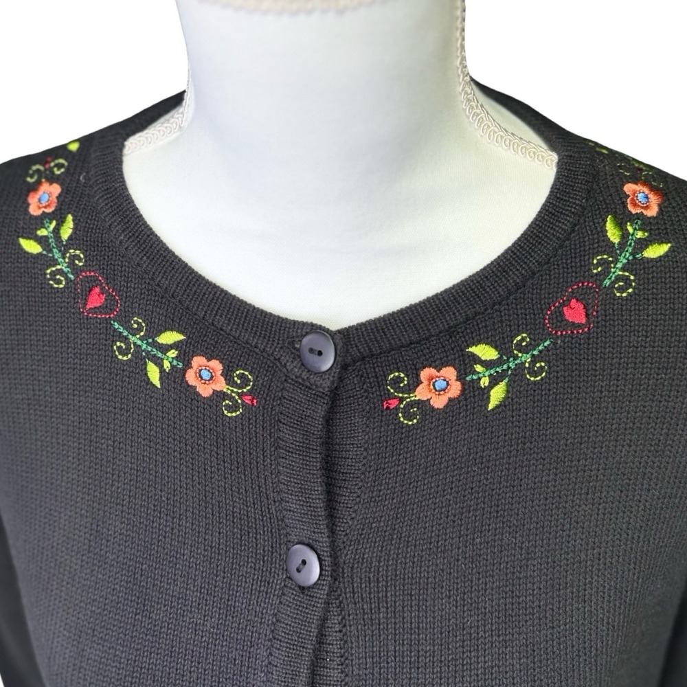 Floral Embroidered Cardigan Black Cottagecore Button Front Womens XL - Picture 6 of 9